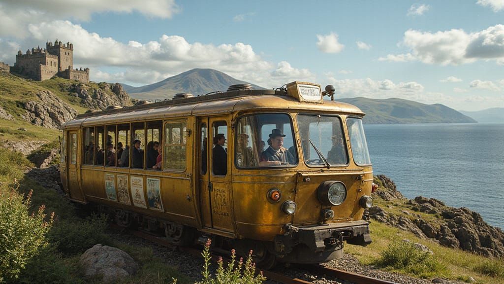 Steampunk Monorail in Scottish Highlands, Victorian Passenge...