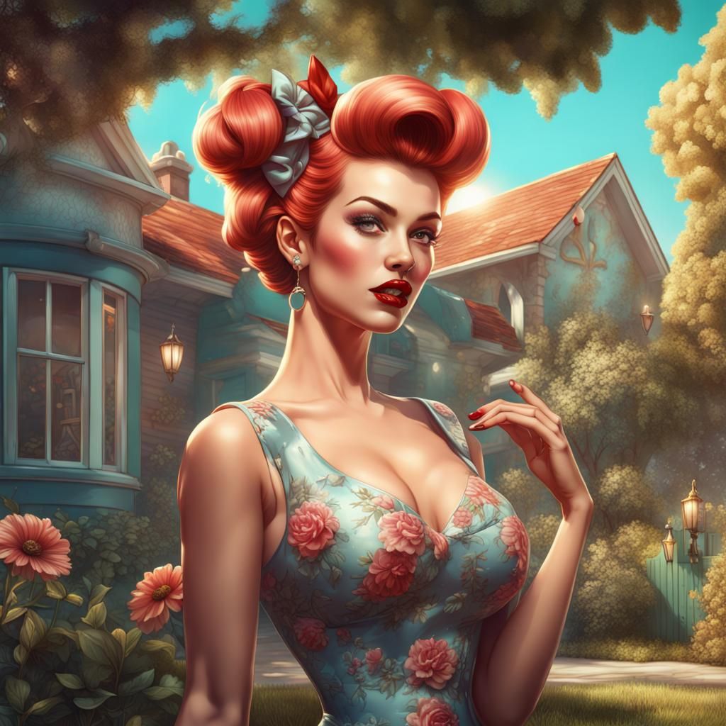 Pin-Up Girl at Garden Party: Detailed Matte Illustration