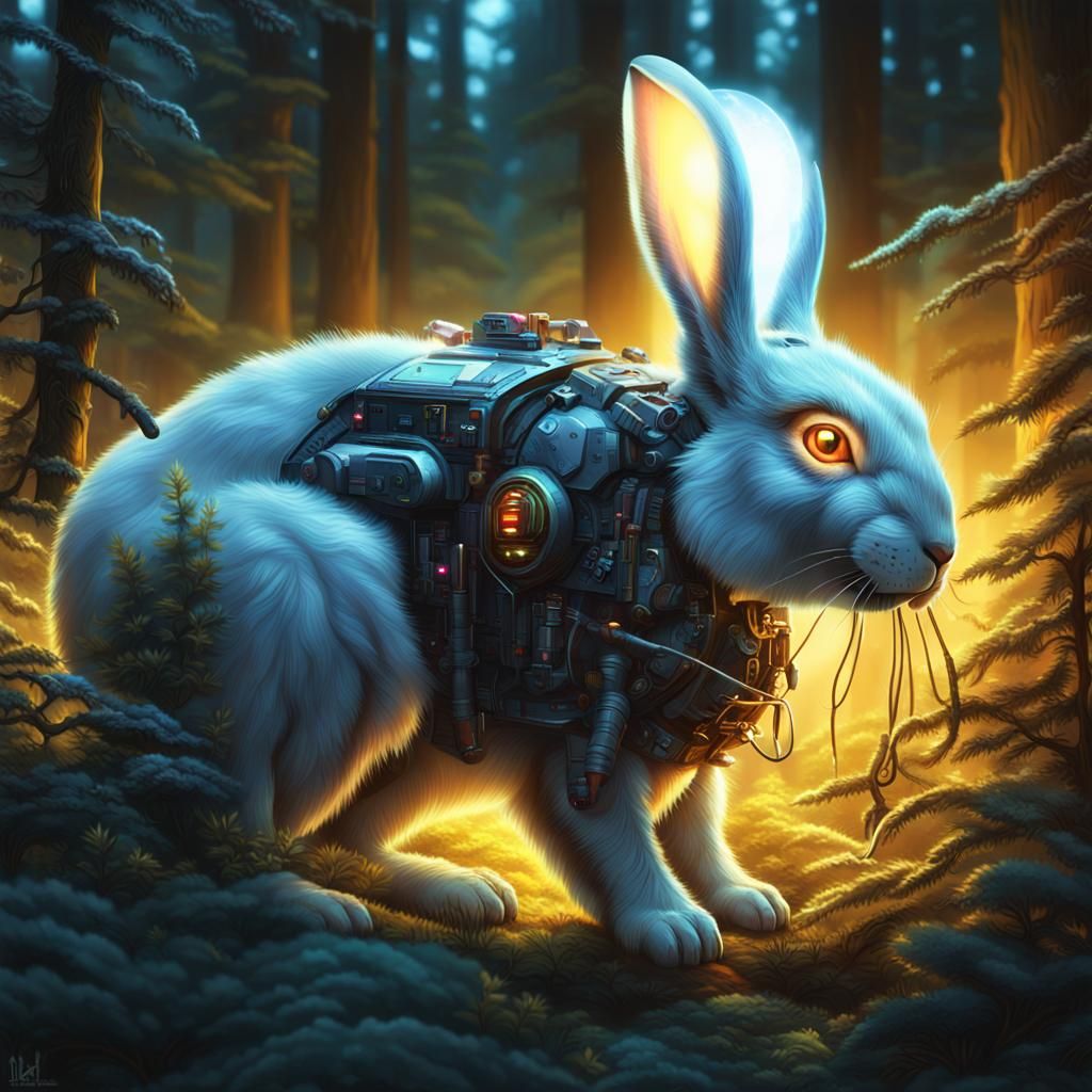 Cybernetic rabbit boasting an ultra-realistic exterior, cove...