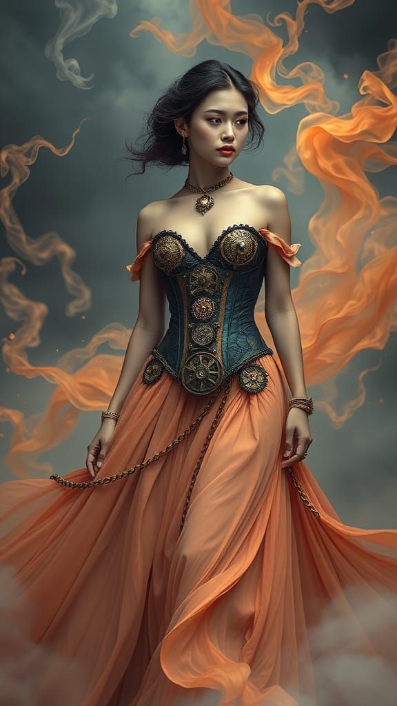 Surrealist Steampunk Woman in Dreamlike Pastel Atmosphere