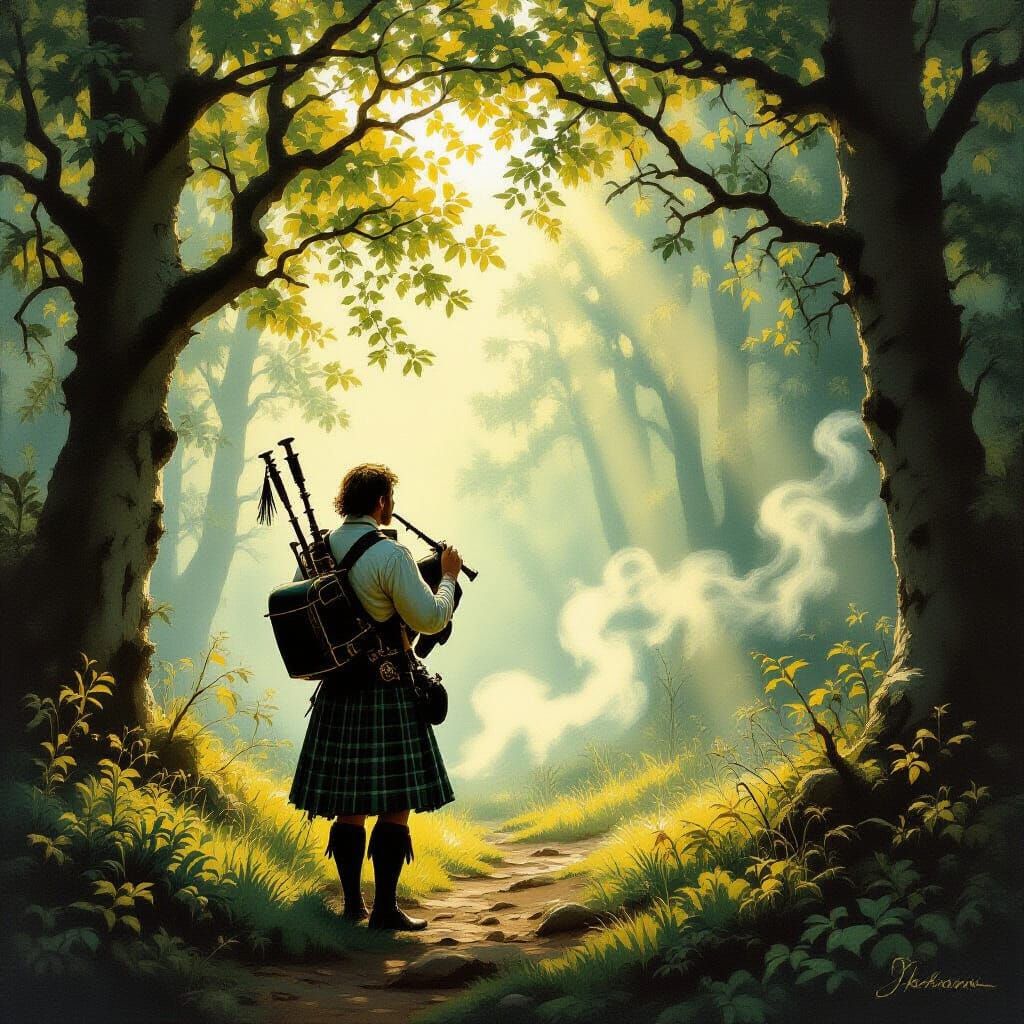 Scottish Piper in Sunlit Forest Clearing