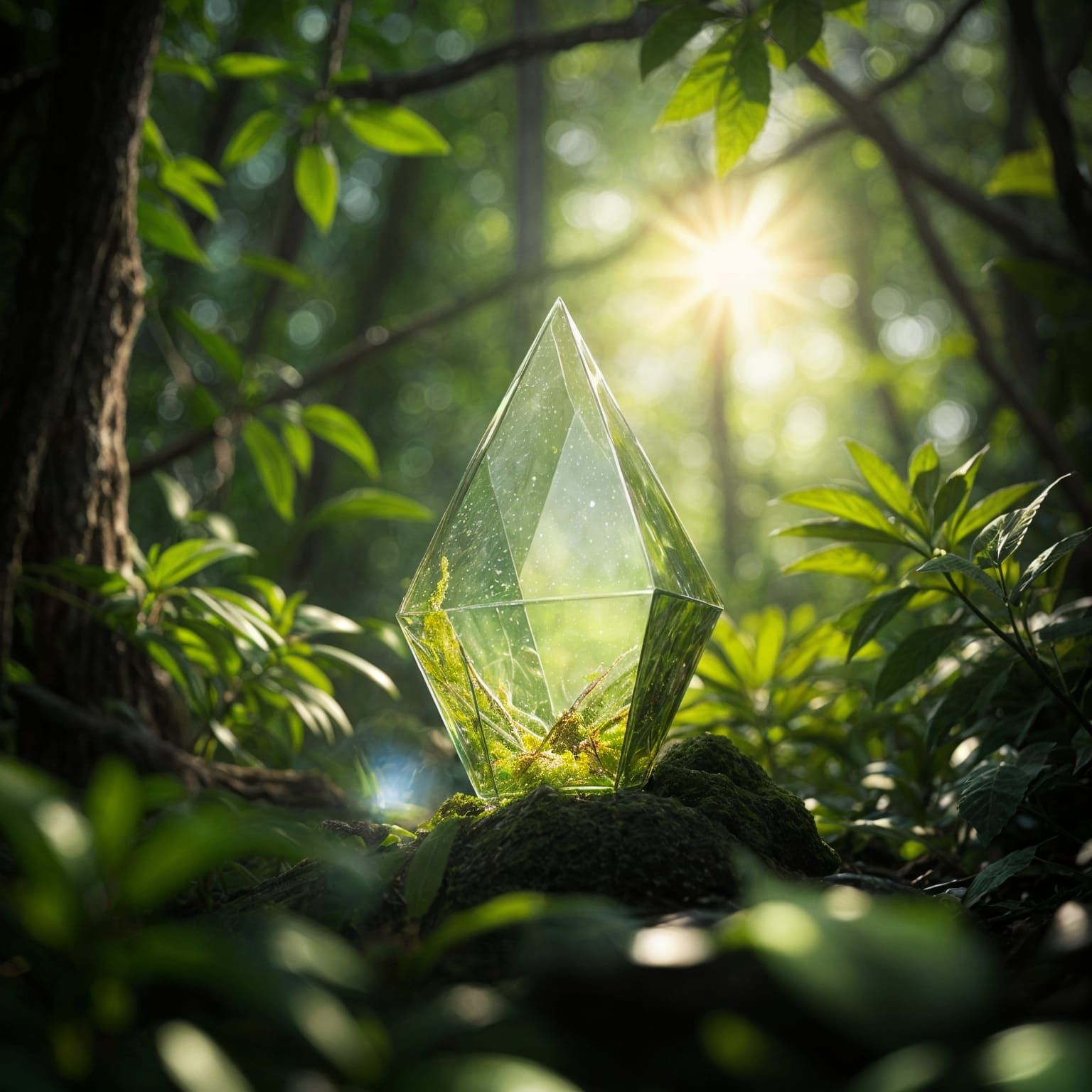 Glass Prism Experiment in Forest Light