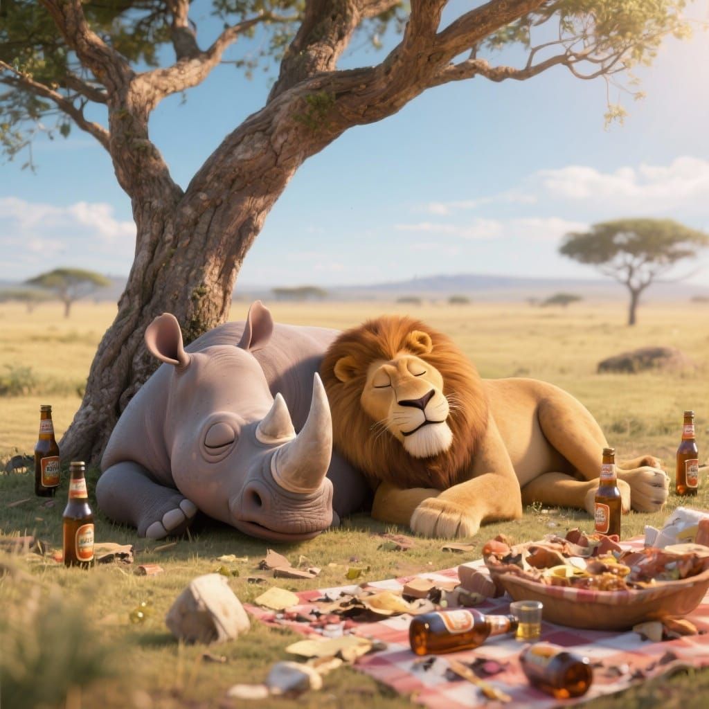 Rhinoceros and Lion Siesta in Serengeti, Pixar Style