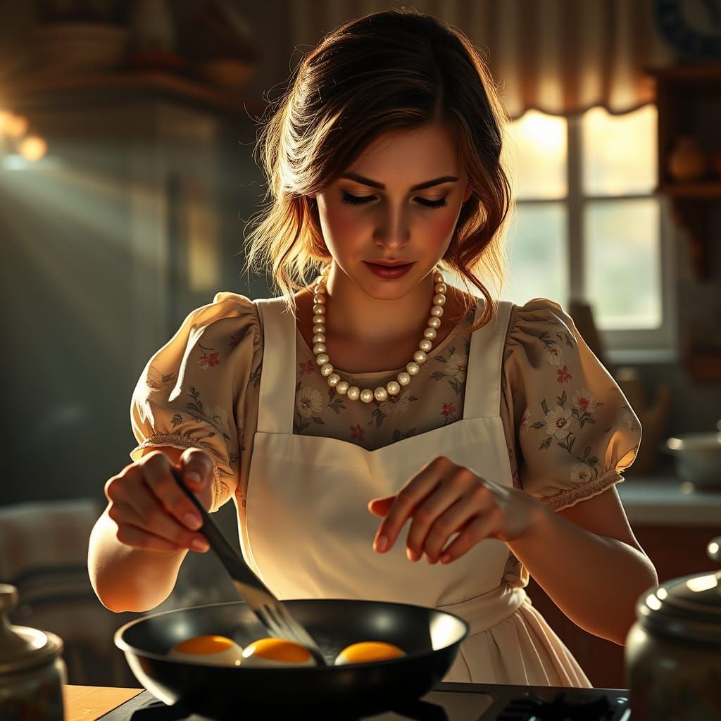 Hyperrealistic Tradwife in Vintage Kitchen, Splash Art Style