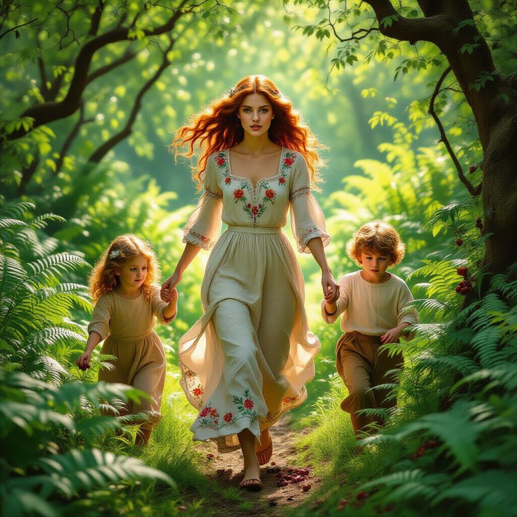 Medieval Woman and Children in Forest, Pre-Raphaelite Style