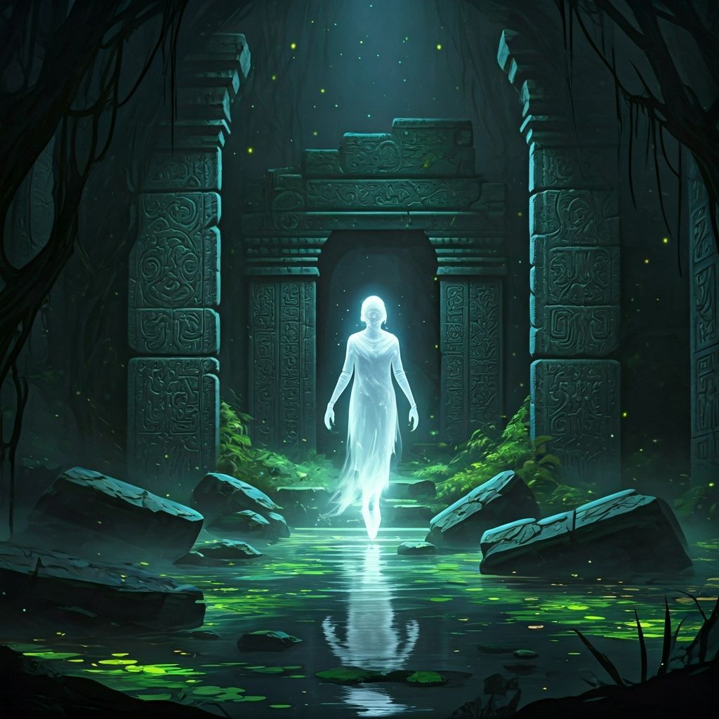 Spectral Figure in Misty Swamp Temple Ruins
