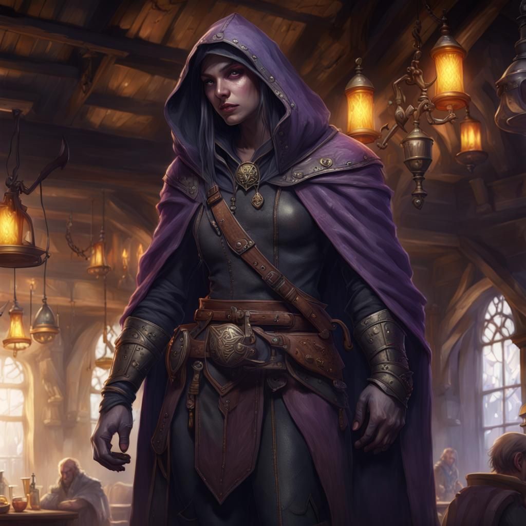 Dark Elf Mercenary in Crowded Tavern: Dark Fantasy Art