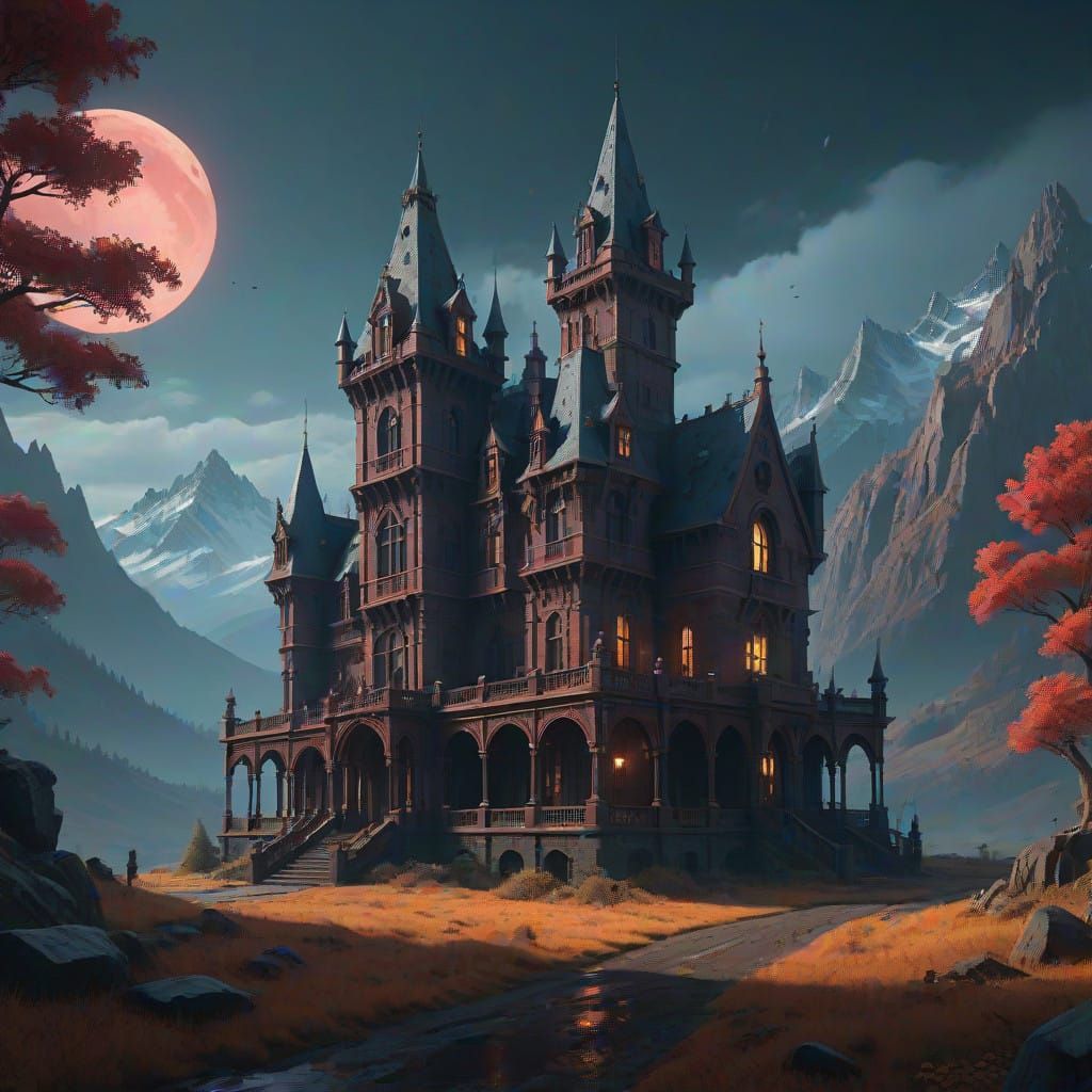 Ethereal Victorian Castle Under Crimson Moonlight