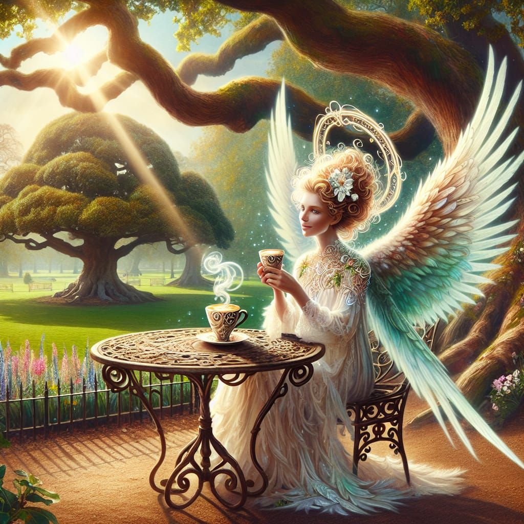 Angel's Coffee Break in a Sun-Dappled Park