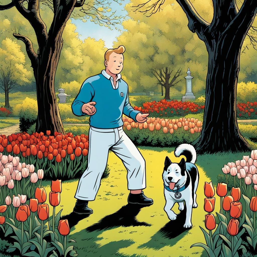 Poster showing Tintin doing Tai chi in a garden, a Karelian bear dog standing next to him, big trees and tulips, sunny d...