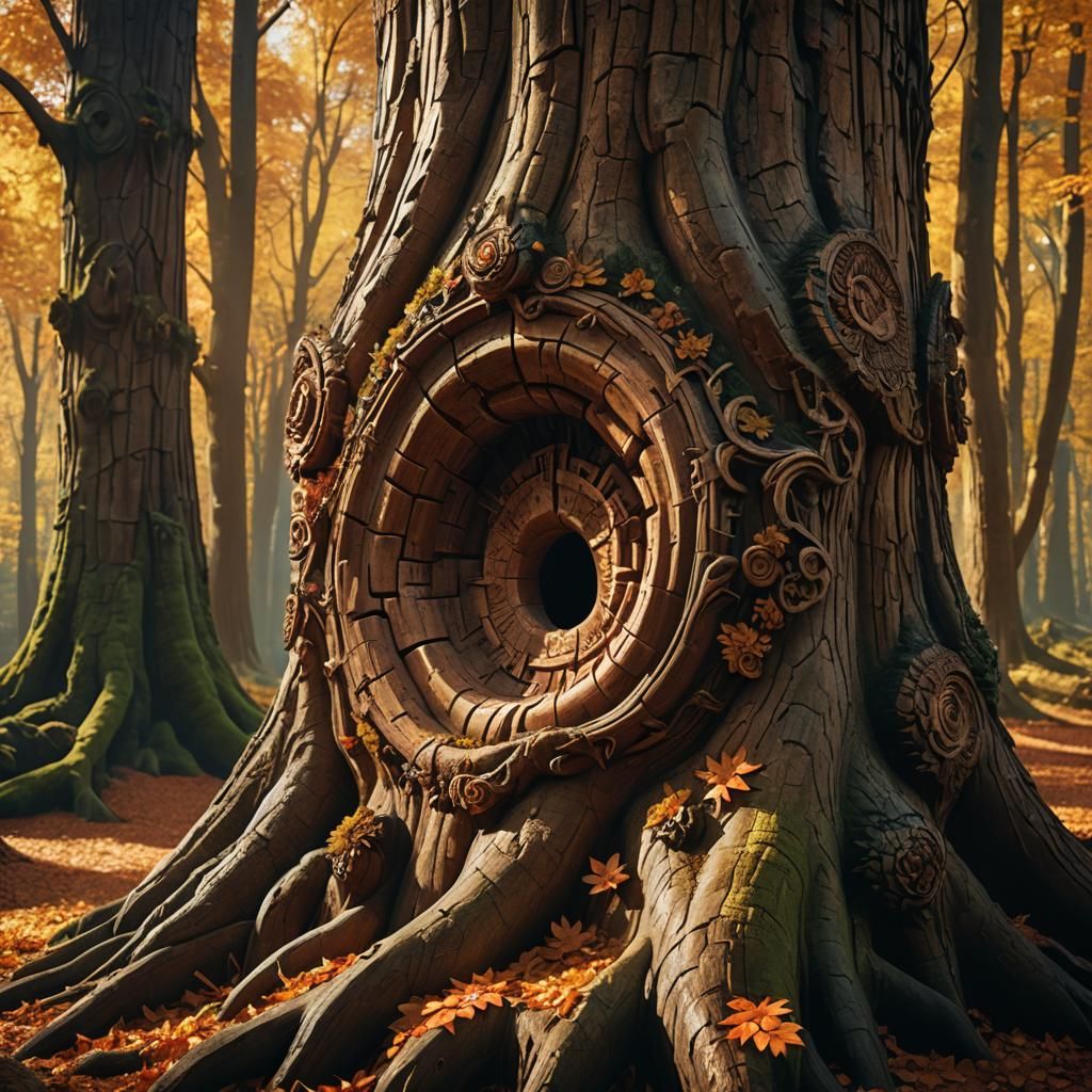 Epic Wooden Carving in Autumn Forest, Digital Matte Painting