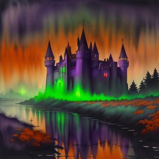 Monochrome Watercolor Castle Landscape with River