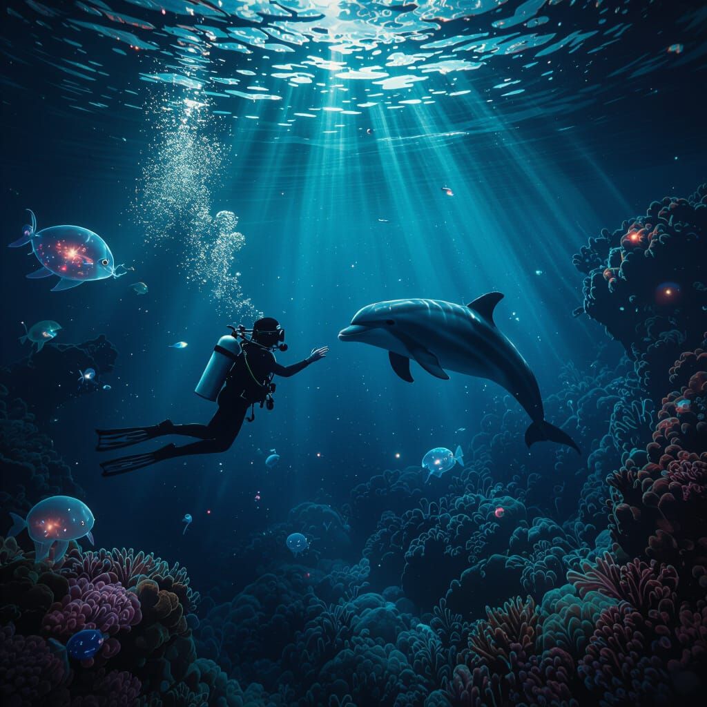 Diver Meets Dolphin in Bioluminescent Deep Sea