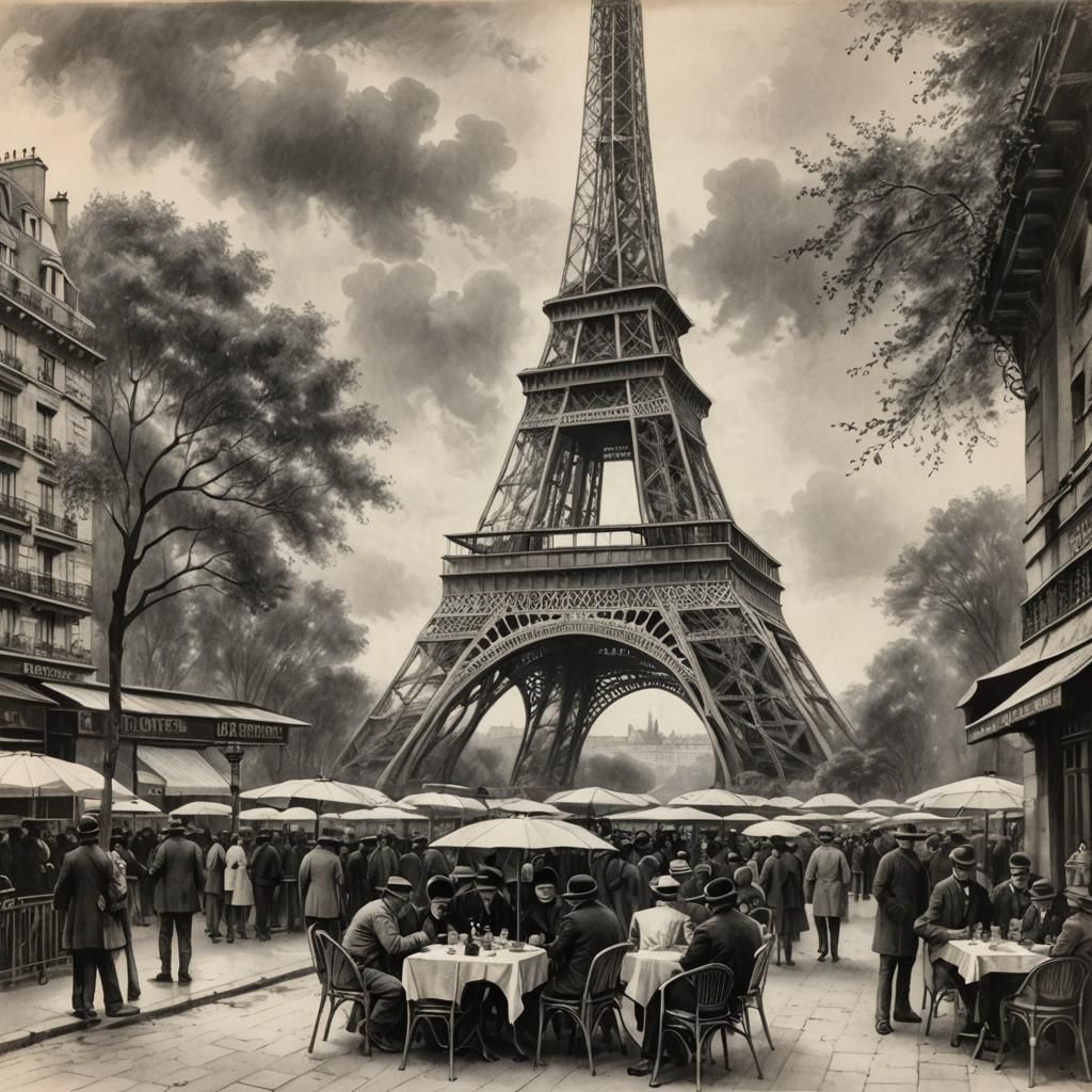 Eiffel Tower in 1920s Paris: Charcoal Drawing