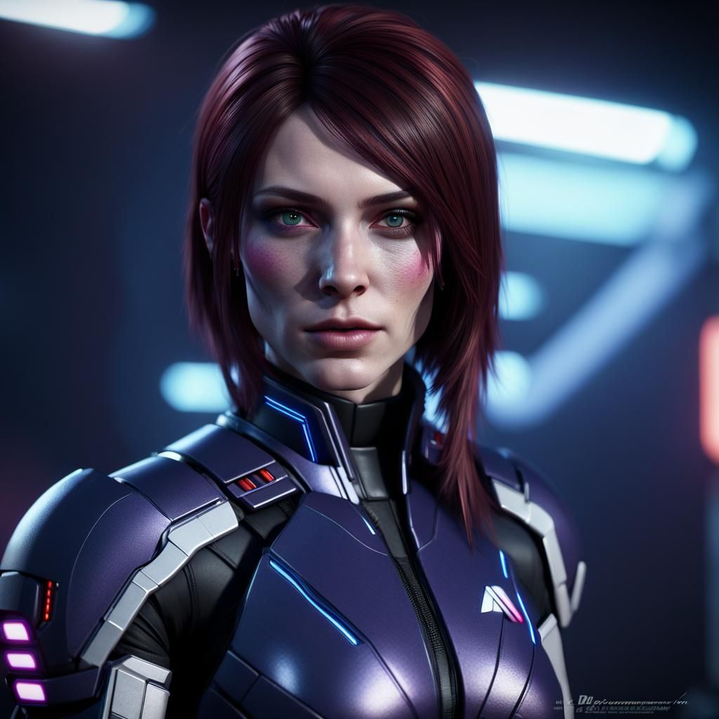 Muscular Woman with Purple Aura in Cyberpunk Style