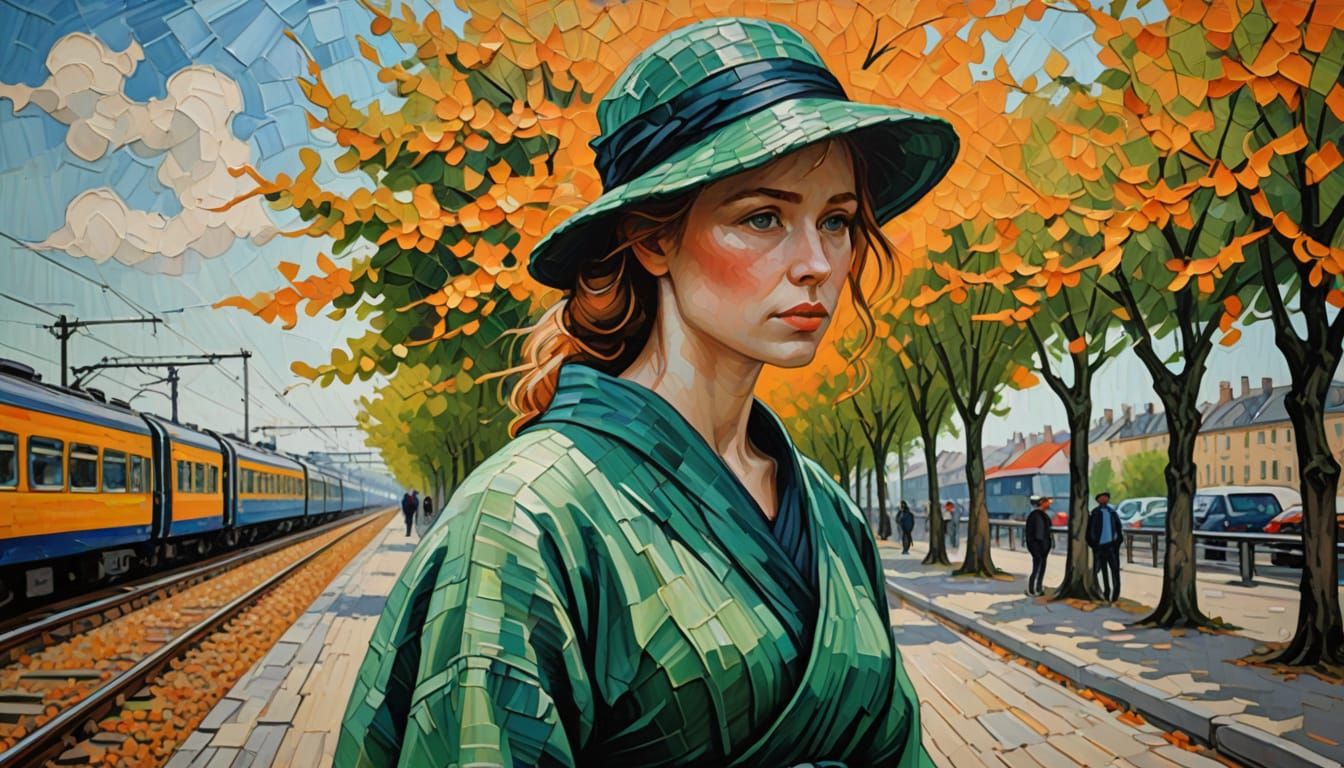 Woman on Train Platform in Van Gogh Style