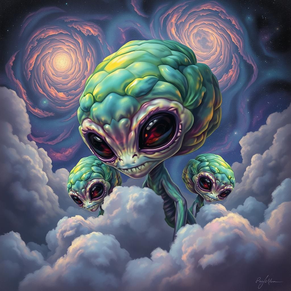 Grotesque Cabbage-Head Alien in Surreal Astral Dreamscape