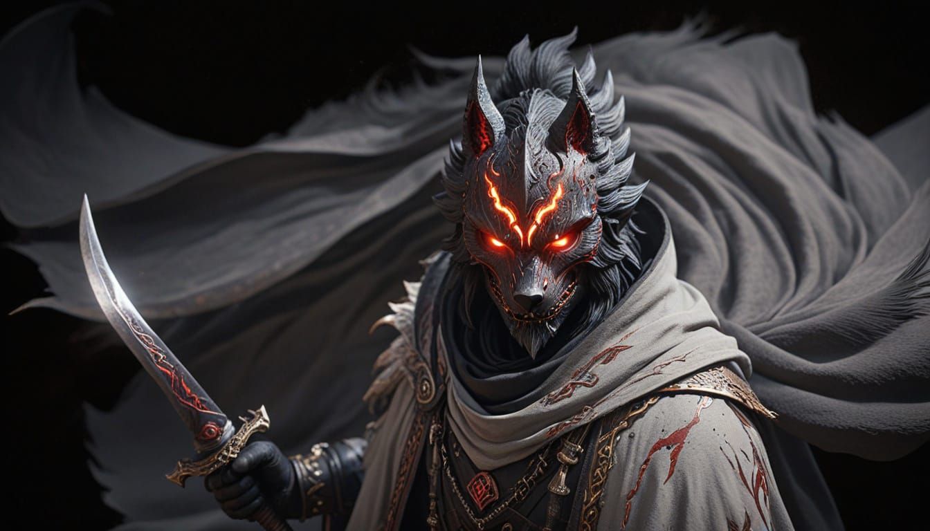 Warrior in Oni Wolf Mask with Fiery Eyes