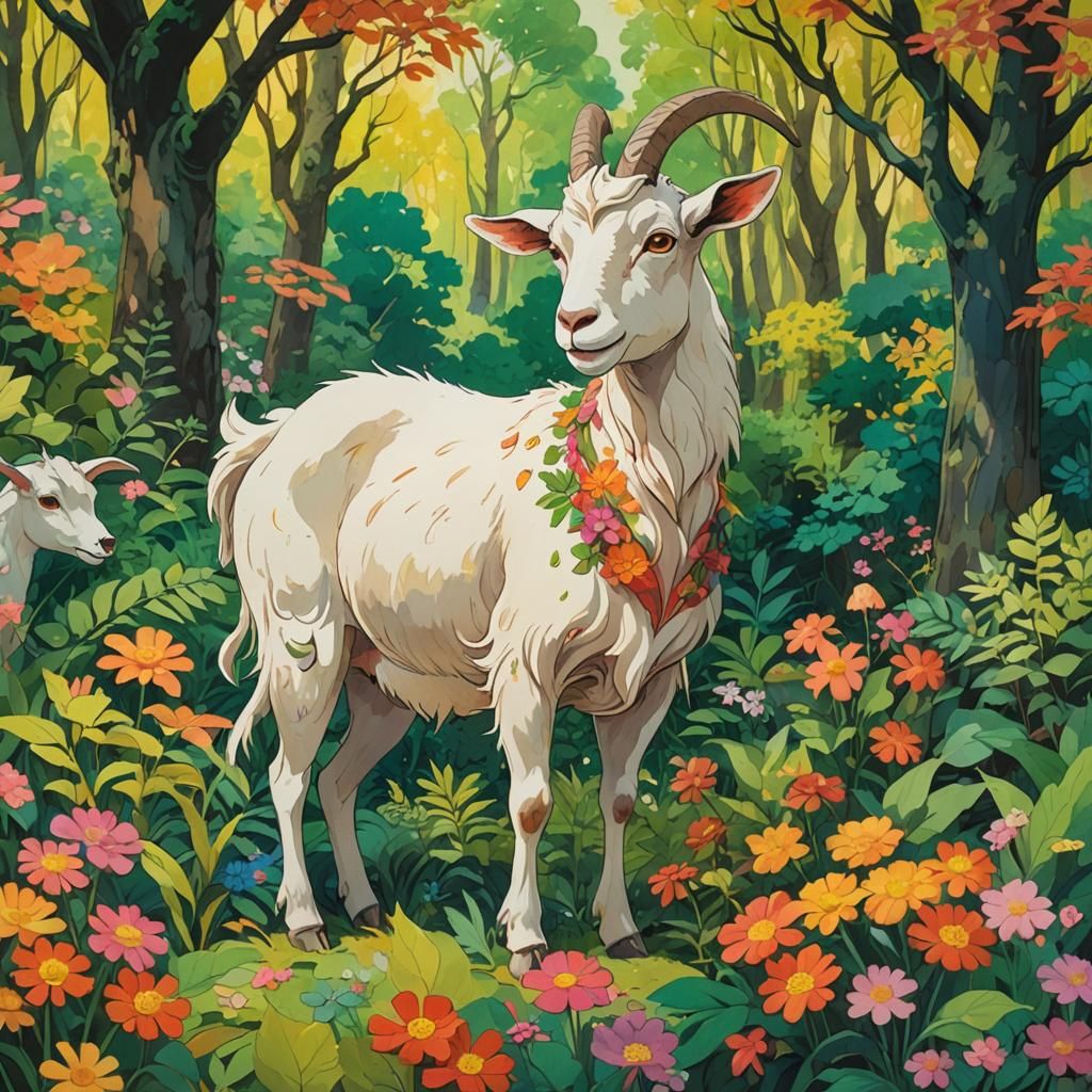 Whimsical Goat in Ghibli-Style Forest Illustration