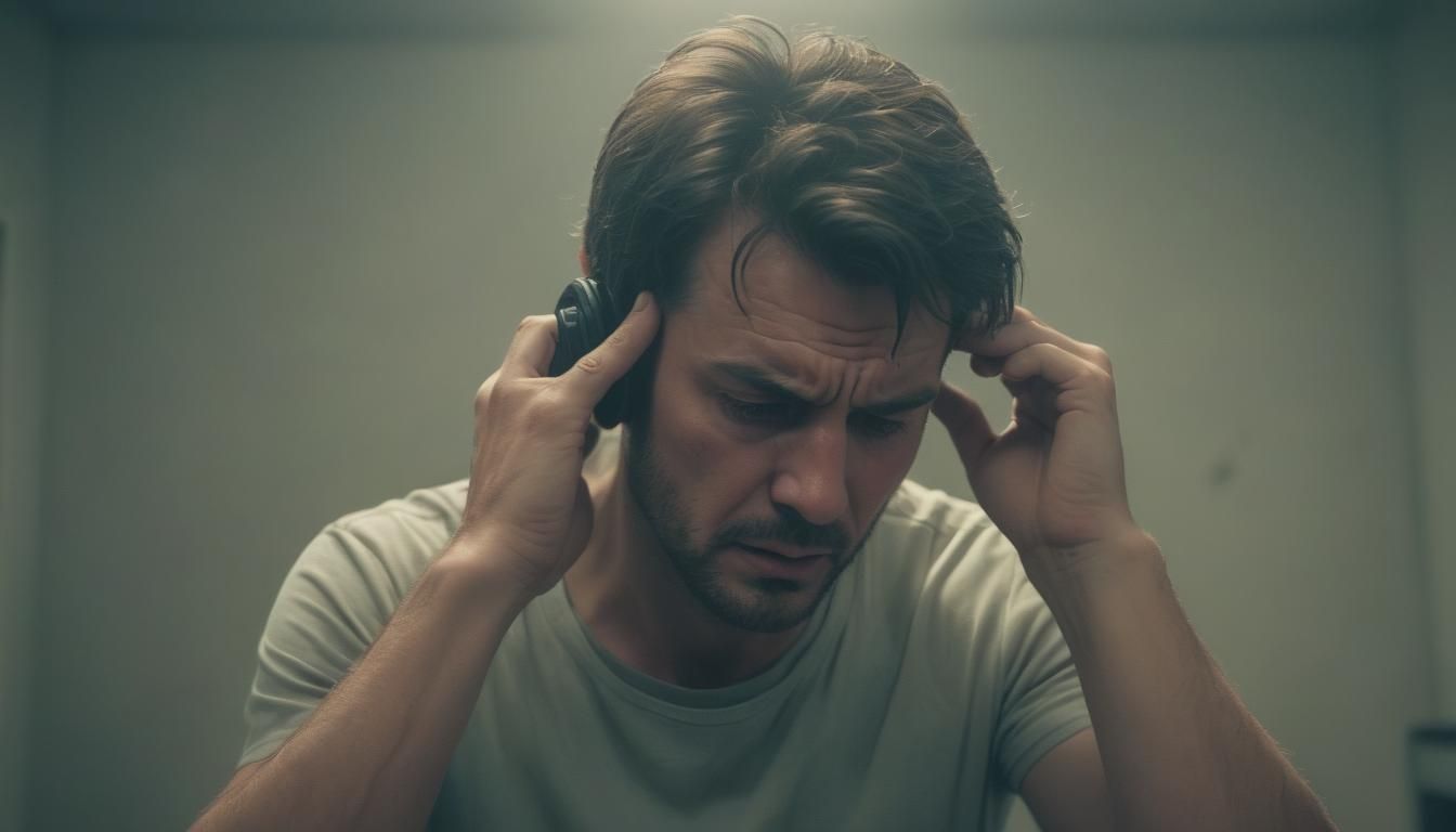 Dramatic Film Still of Man with Headache