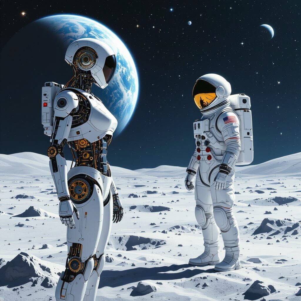 Retro-Futuristic Fembot Conversing with Astronaut on the Moo...