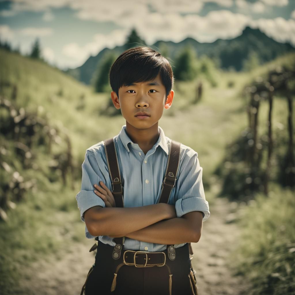 Confident Asian Boy in Summer Lederhosen