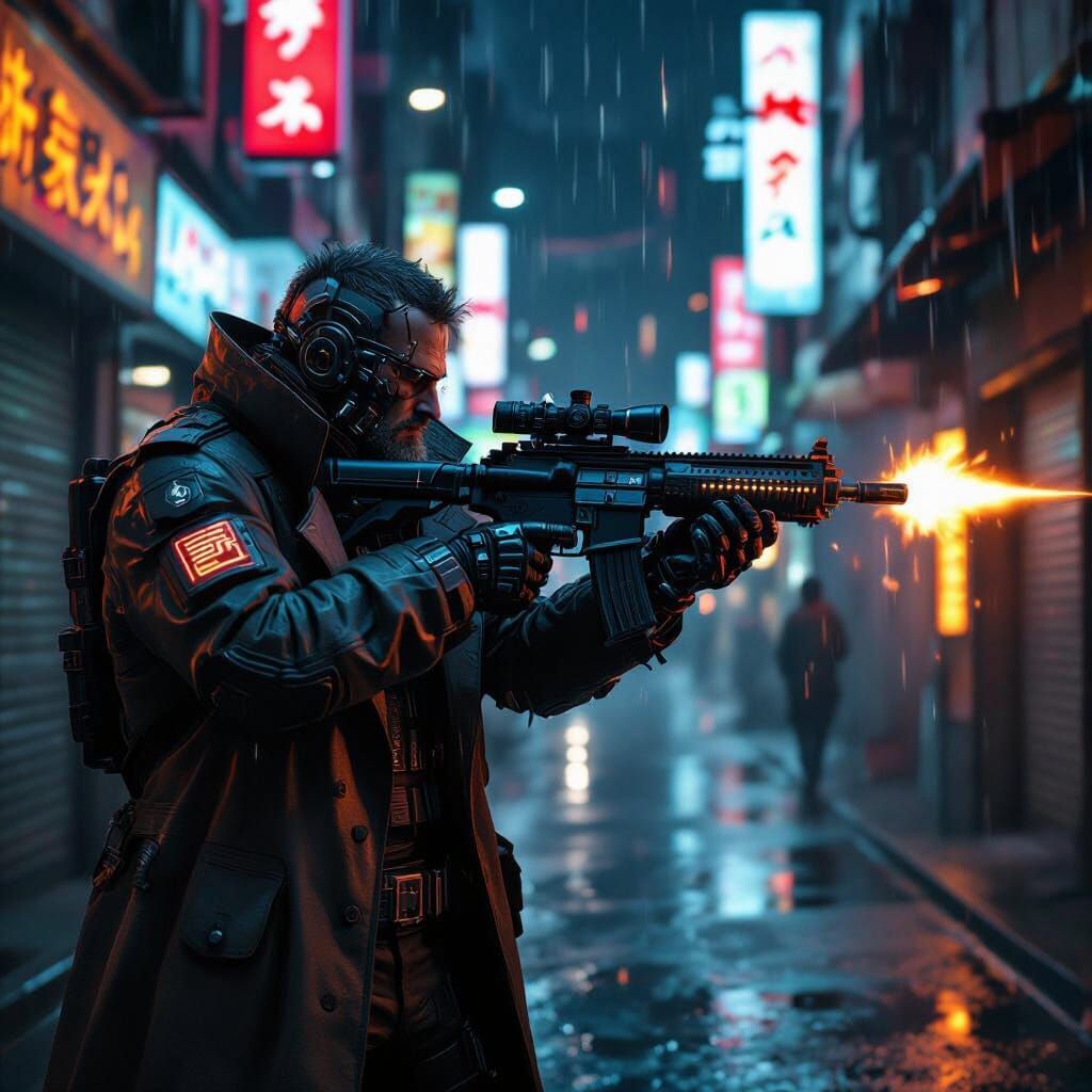 Cyberpunk Mercenary Aims Plasma Rifle in Neon Tokyo Alley