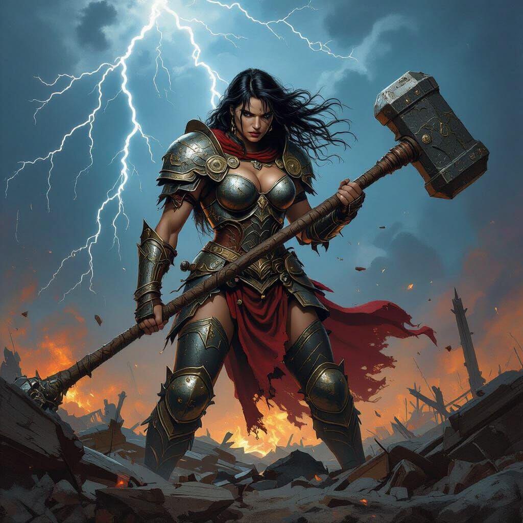 Valkyrie Warrior on Battlefield with Warhammer