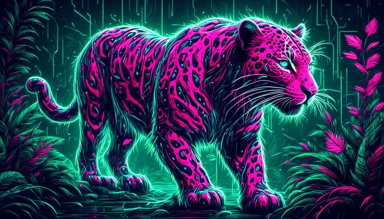 Neon Leopard Roaring in a 3D Jungle Collage