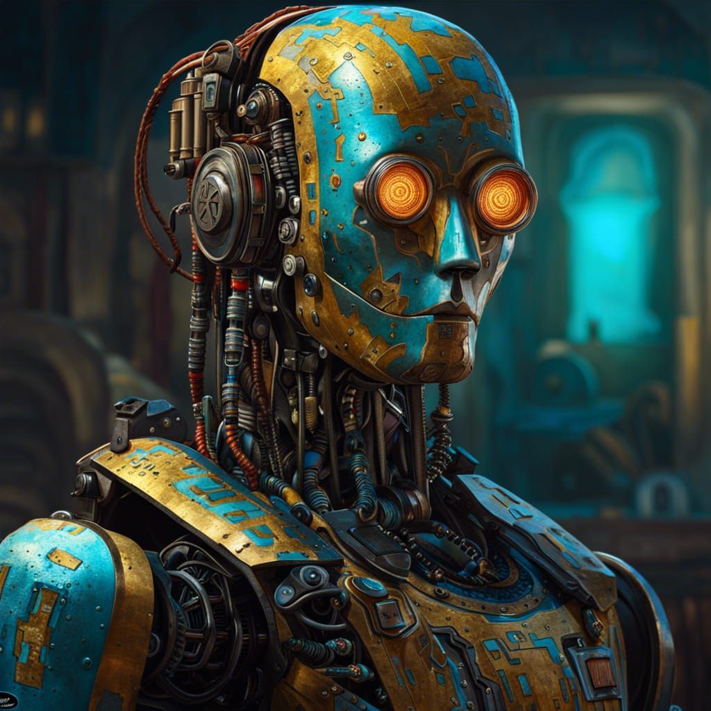 Android AI Robot Portrait in Zombiecore Style