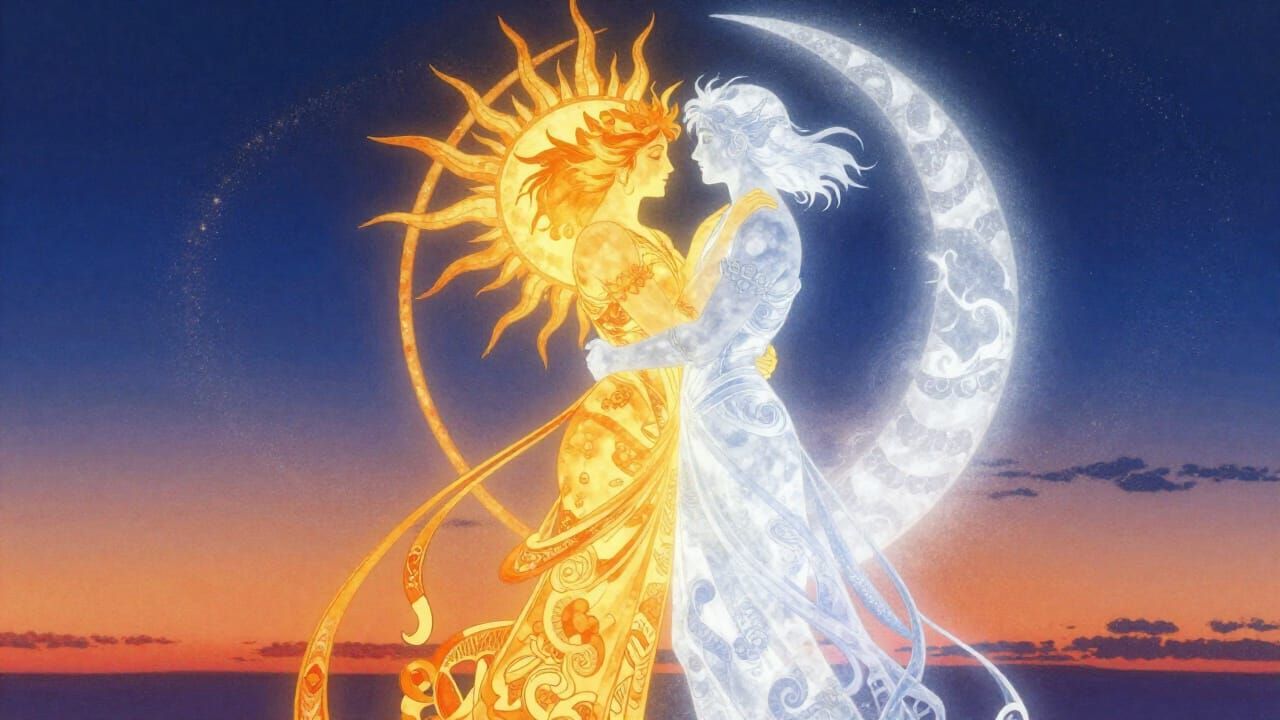 Symbolic Fantasy Art of Sun and Moon Lovers at Twilight