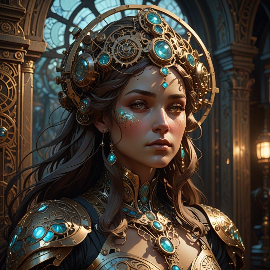 Clockwork Golem Weeping Oil Tears in Art Nouveau Style