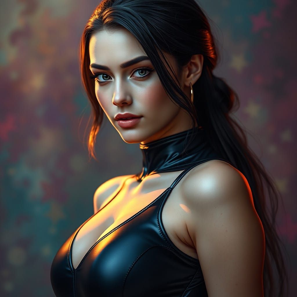 Ethereal Goddess in Black Leather Bodysuit