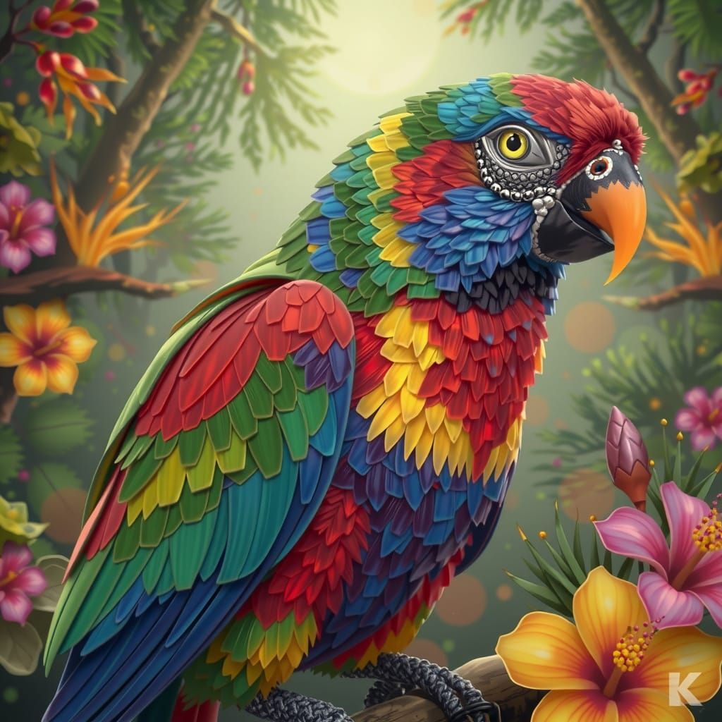 Cubist Mosaic Cabin by Lake at Sunset