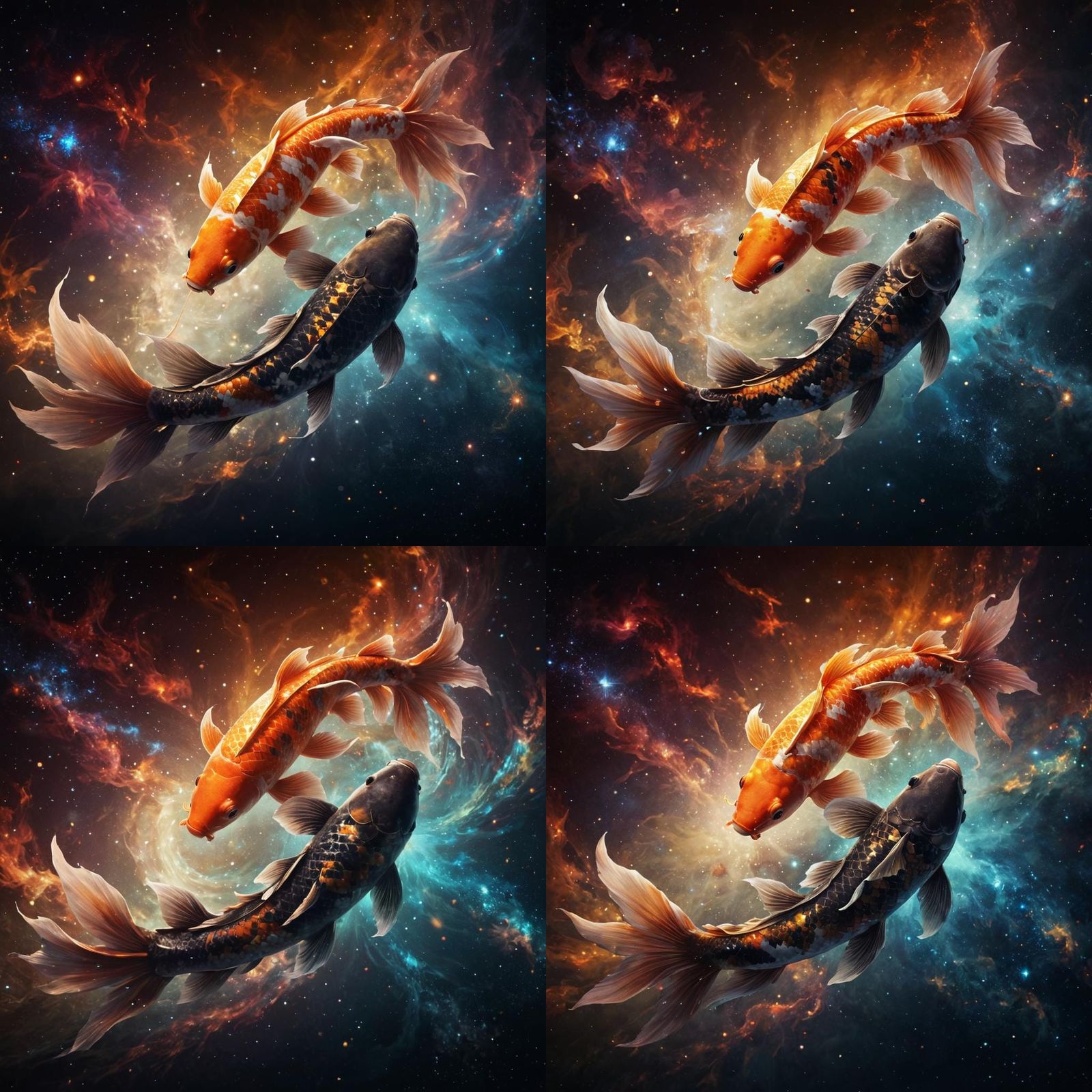 Yin and Yang Koi Fish in Cosmic Space