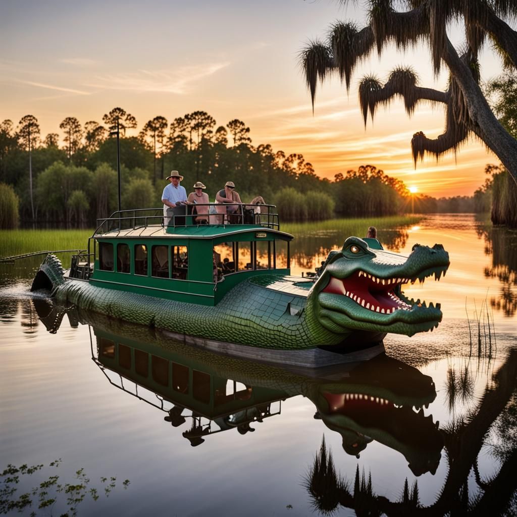 Alligator Tour Boat at Sunset in Louisiana Bayou