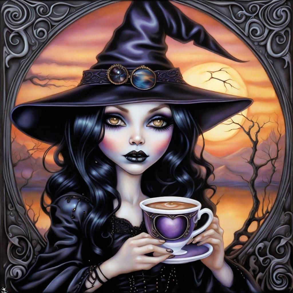 Gothic Witch Coffee Sunset in Pearlescent Style