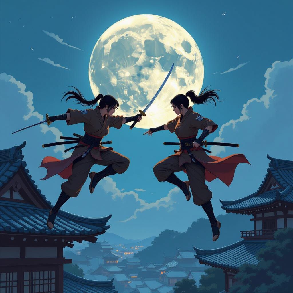 Ninja Women Leap Under Full Moon, Digital Art