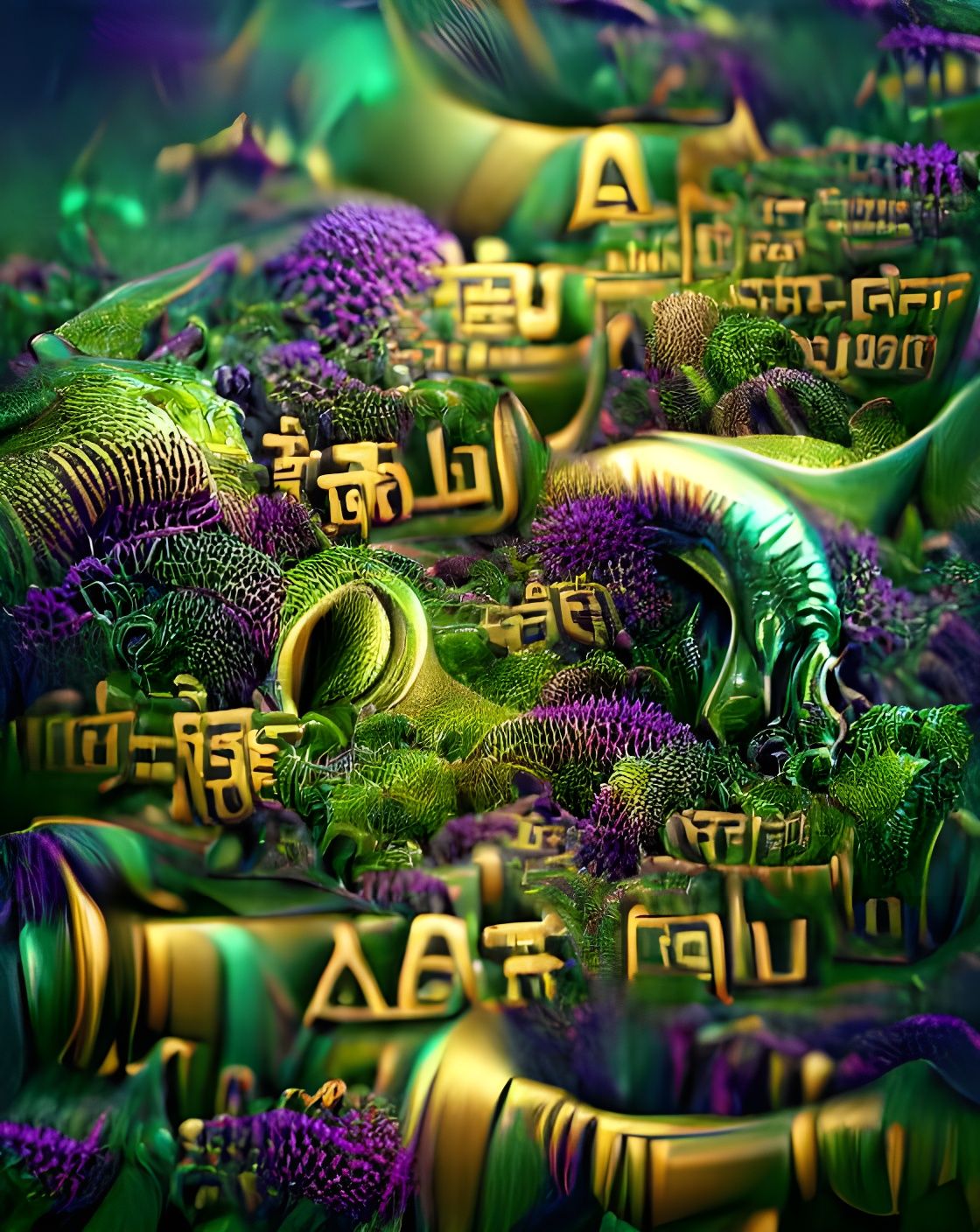 Fractal Alien Landscape in Purple, Green, and Gold