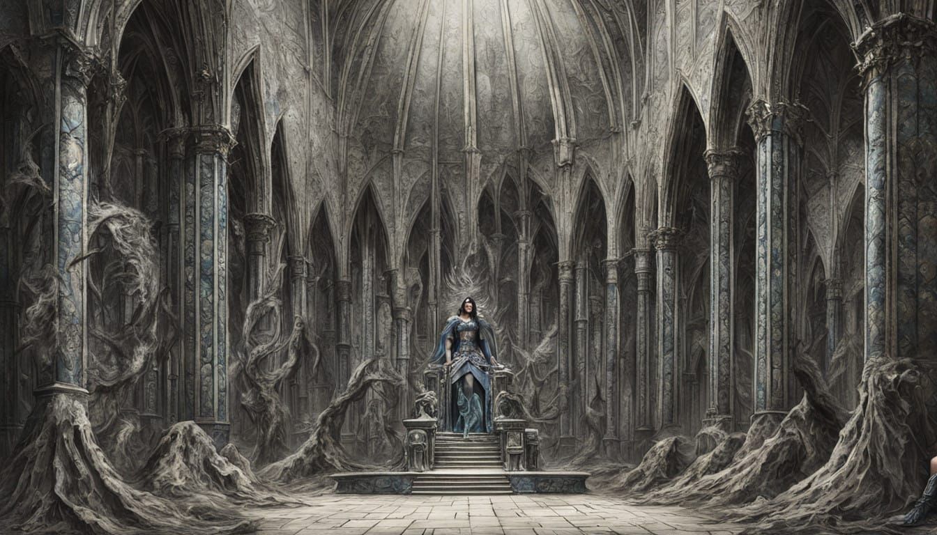 Gothic Barbarian Queen Seated in Cathedral