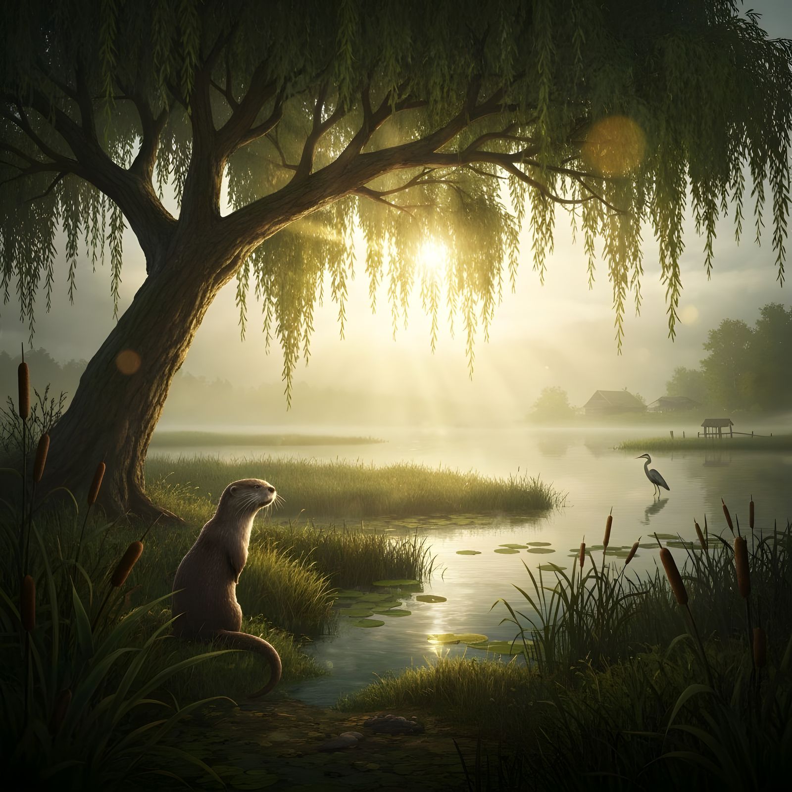 Misty Pond Sunset: Hyper-Realistic Anime Illustration