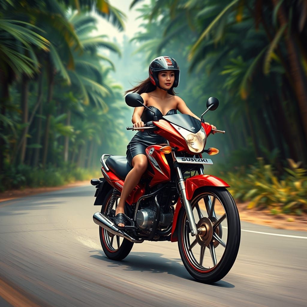 Girl Riding Metallic Red Suzuki 125 inazuma Motorcycle Throu...