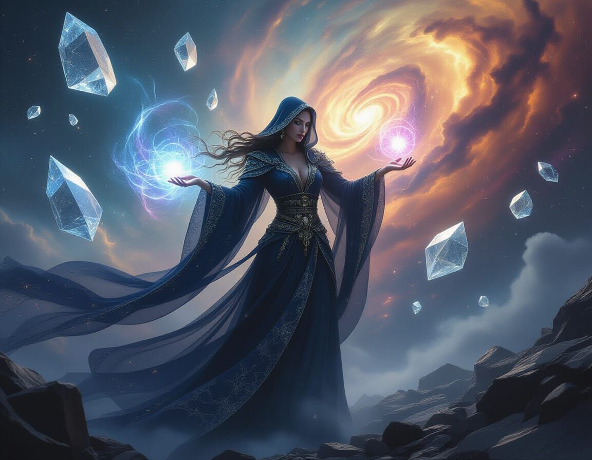 Celestial Sorceress Conjuring Cosmic Energy Amidst Crystals