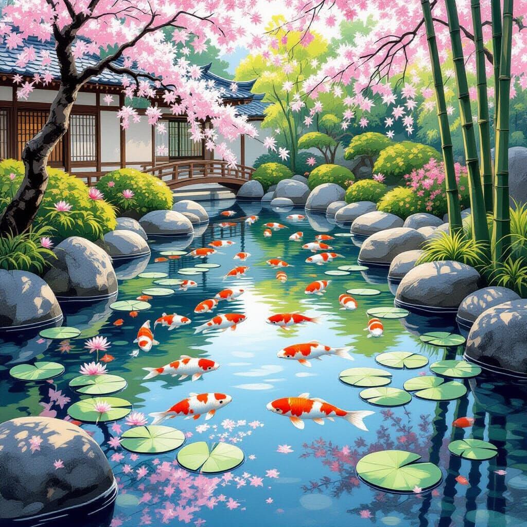 Japanese Garden Koi Pond in Hiroshige Style