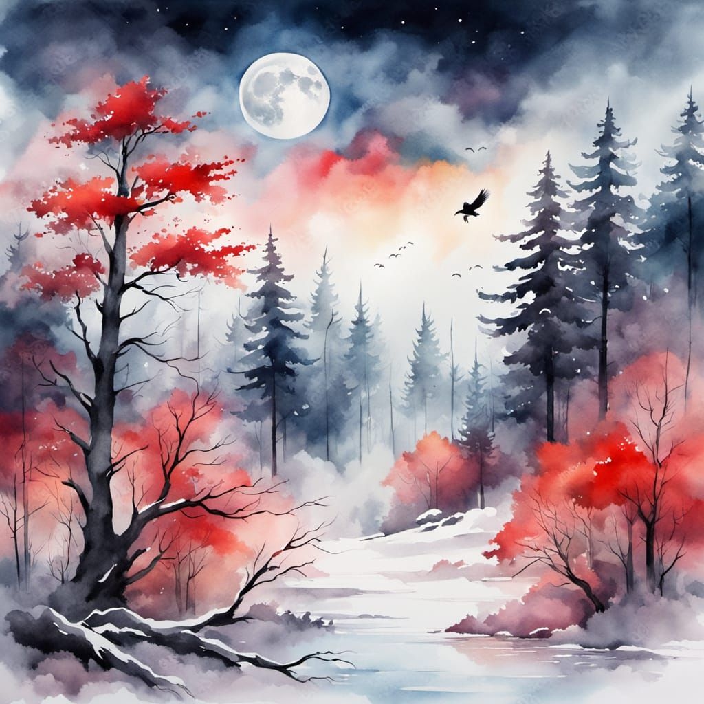 Watercolor Forest Landscape with Bird in Moonlight