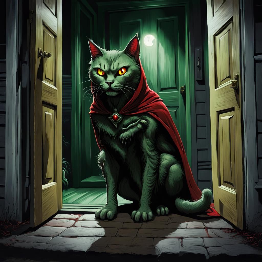 Menacing Green Cat Creature in Dark Fantasy Illustration
