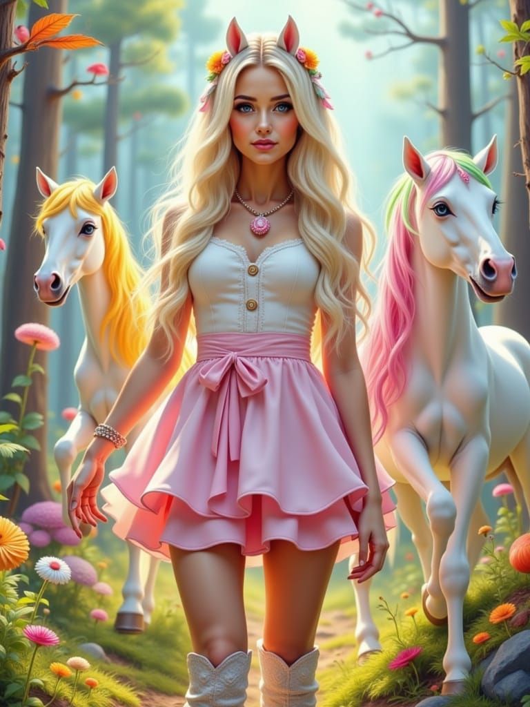 Whimsical Woman with Pastel Horses and Playful Boots