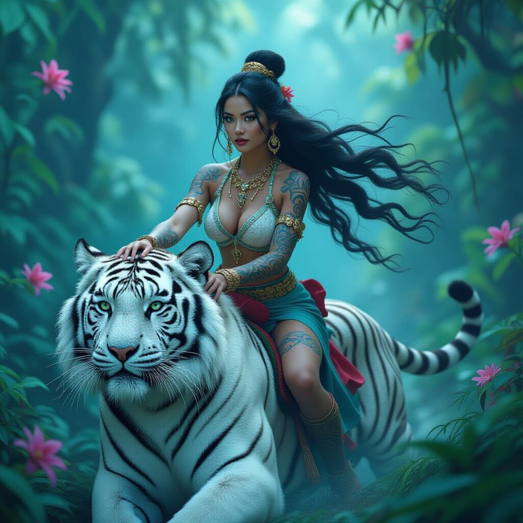 Indonesian Woman Rides White Tiger in Bioluminescent Jungle