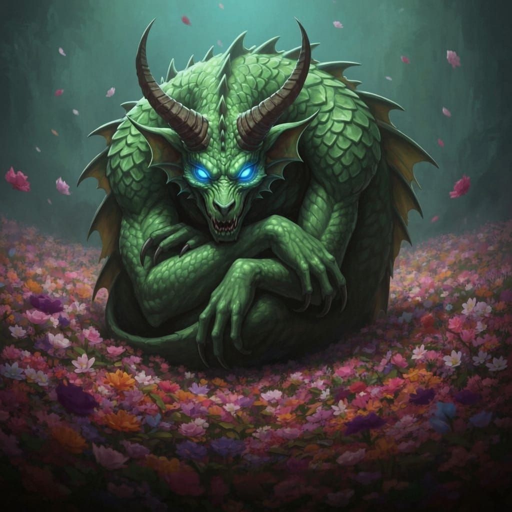 Green Dragon-Devil Amidst Flowers in Detailed Matte Painting...