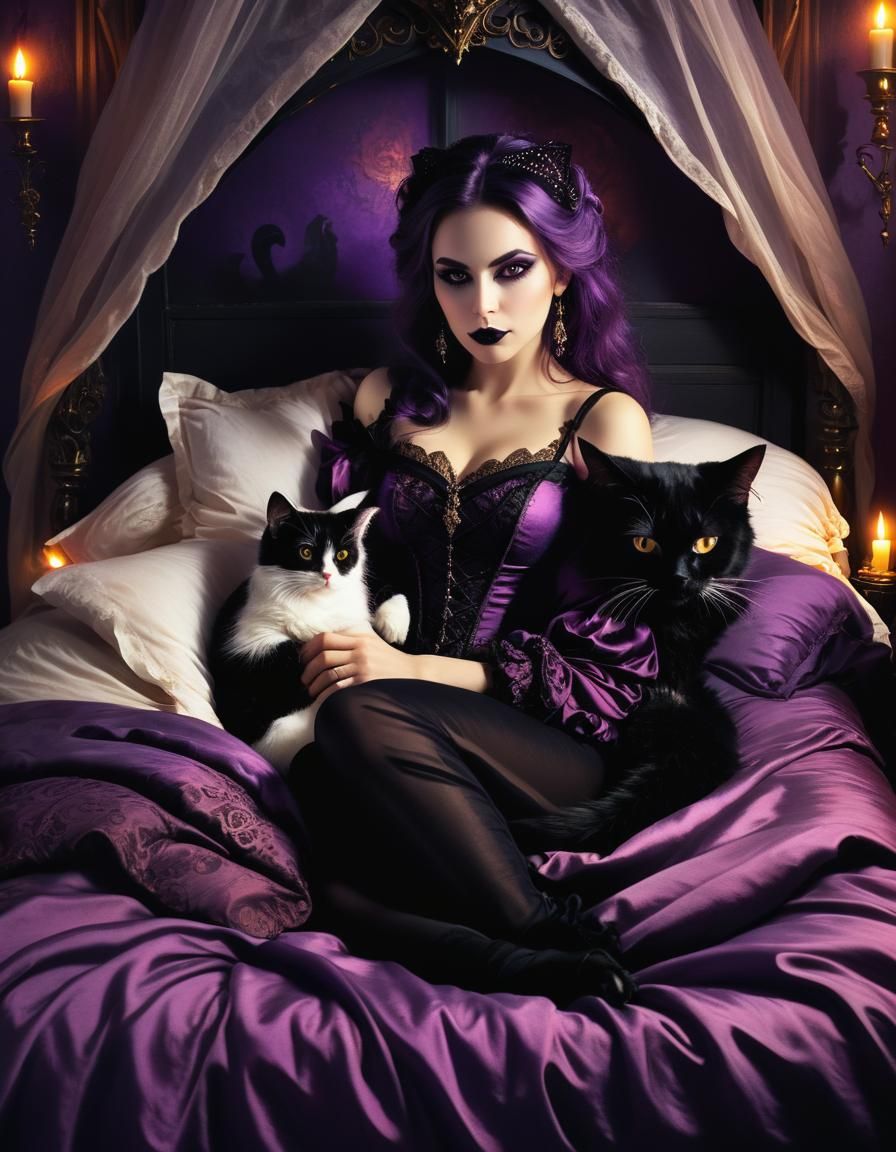 Gothic Woman and Cat in Dark Fantasy Art
